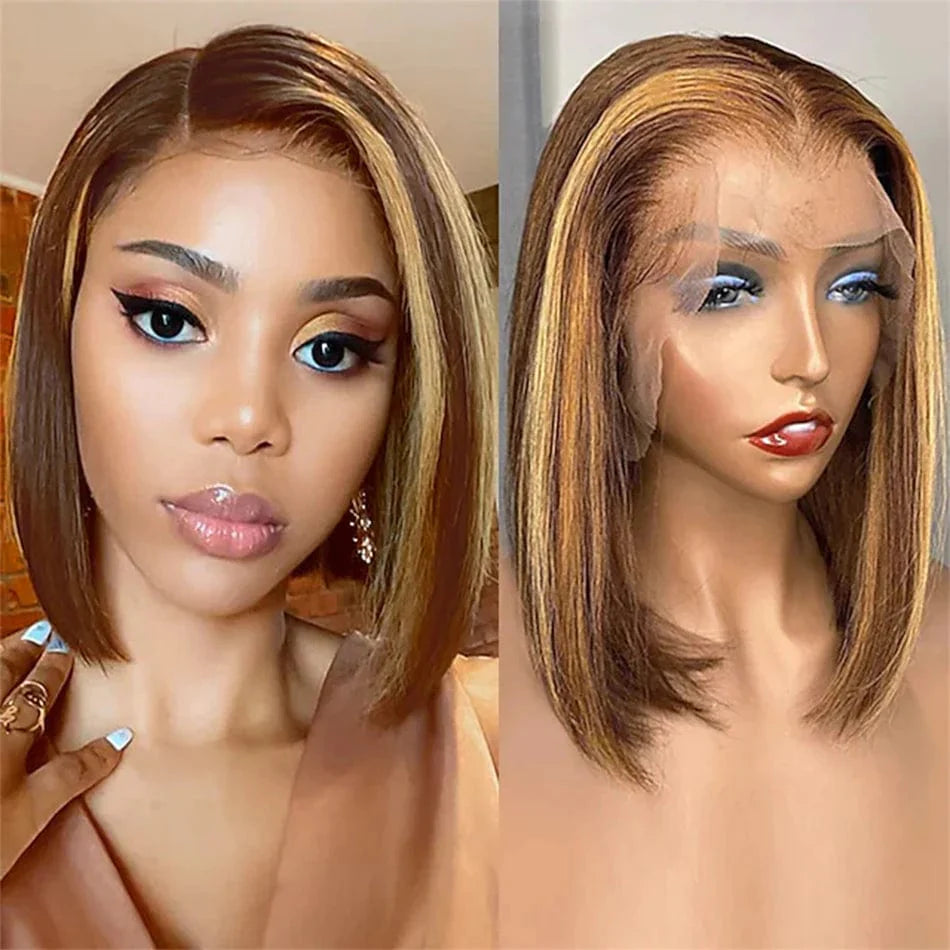 Brazilian straight lace front bob wig by SHOWLU FASHION STORE, short human hair wig with 12-inch length and 4x4 lace closure.