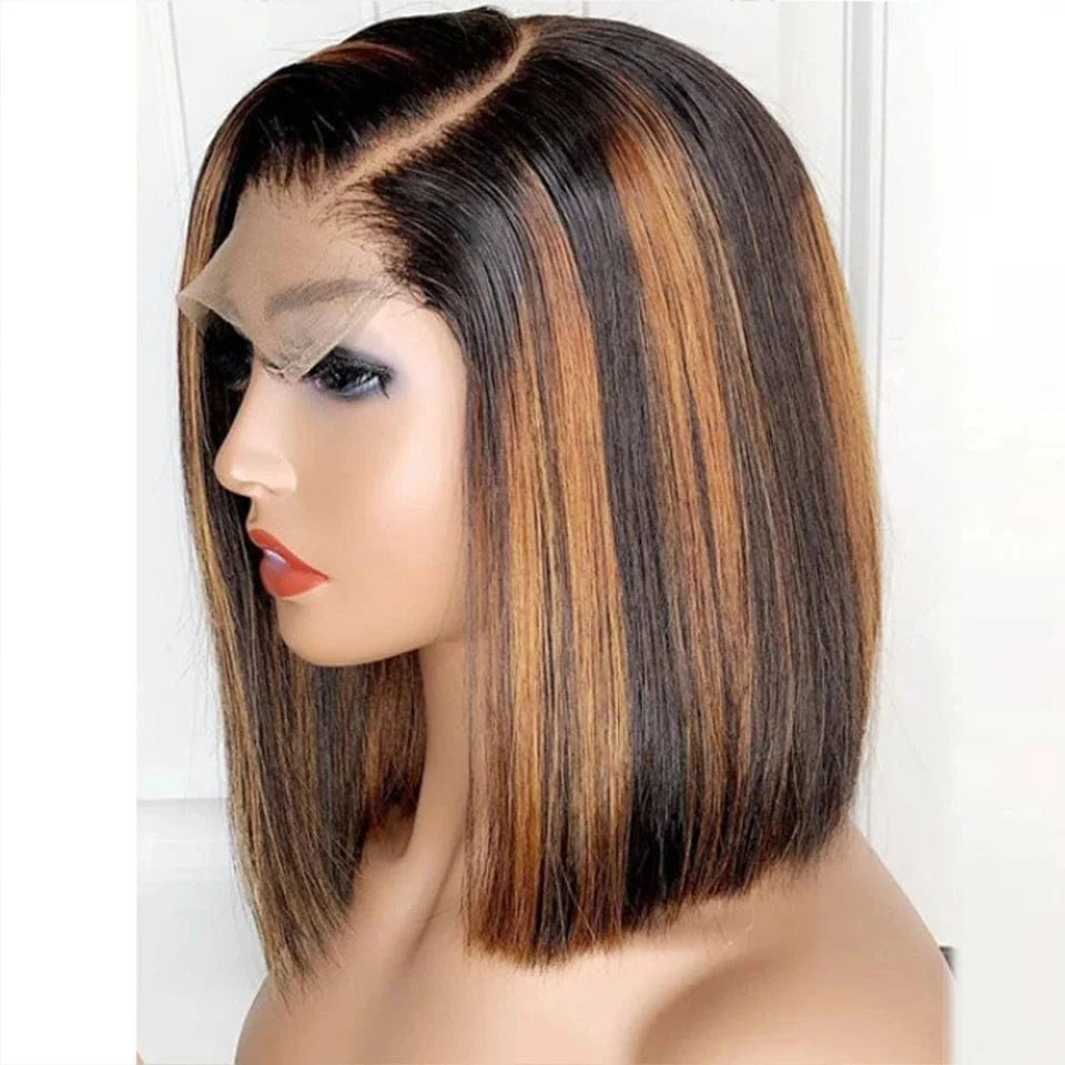 SHOWLU FASHION Brazilian straight lace front short bob wig with 16-inch highlighted human hair, natural-looking and stylish.