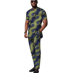 Showlu Fashion Store 5 / 4XL African Tops+Elastic Waist Trousers Male Groom Suit Nigerian Fashion Short Sleeves Men's Sets Party Wear