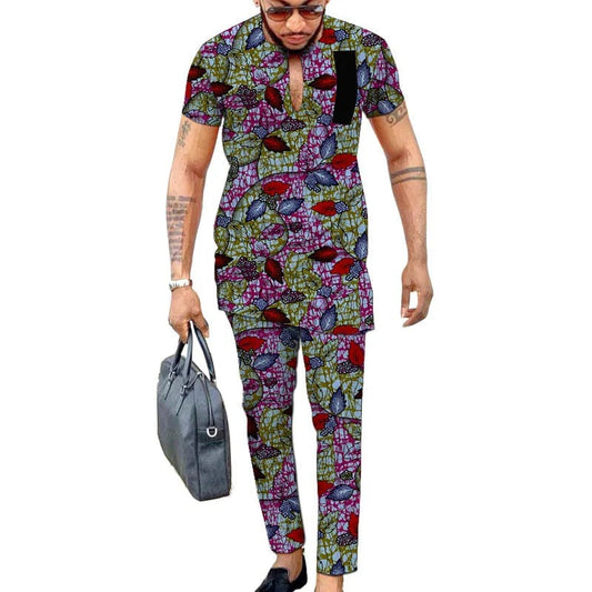 Showlu Fashion Store 5 / M / CHINA Ankara print short sleeve tops with trousers colorful men's pant sets African fashion groom suits customize party clothes