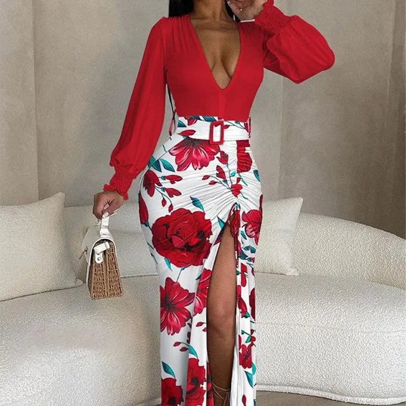 SHOWLU FASHION STORE 5 / XXL 20234 Autumn/Winter New Print Sexy V-Neck Belt Women's Dress Lantern Sleeves Waist Wrapped Split Hip Wrap Slim Fit Dress