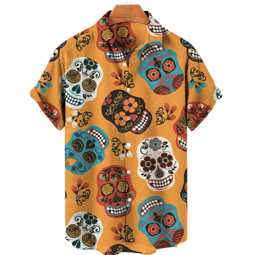 Showlu Fashion Store 50011123 Skull Print Hawaiian Polo Shirt