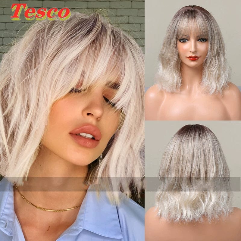 Showlu Fashion Store 50023284 030 gradient Gray Short Hair Wig Fashion Wind Wave Curly Hair Short Hair Straight Bangs Nature Corn Curler Wig Full-Head Wig Female