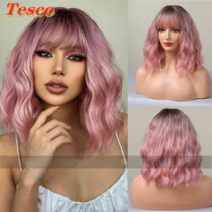  Showlu Fashion Store 50023284 032 gradient powder Short Hair Wig Fashion Wind Wave Curly Hair Short Hair Straight Bangs Nature Corn Curler Wig Full-Head Wig Female