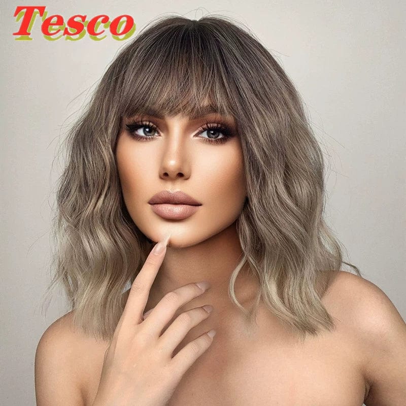 Showlu Fashion Store 50023284 058 Short Hair Wig Fashion Wind Wave Curly Hair Short Hair Straight Bangs Nature Corn Curler Wig Full-Head Wig Female