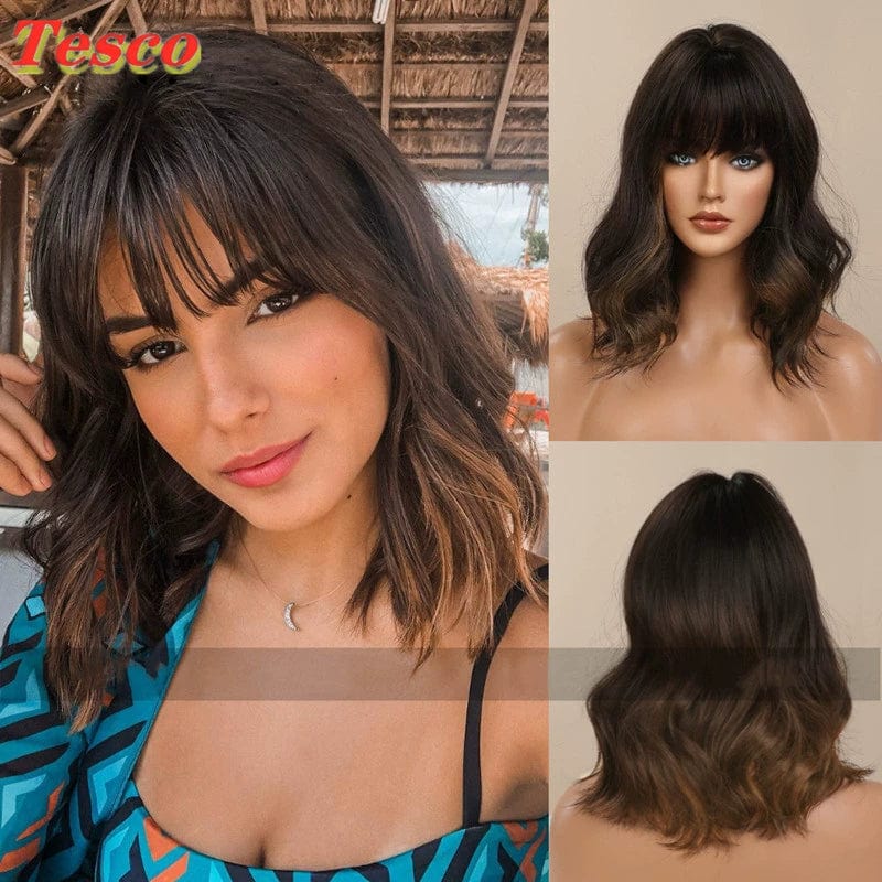 Showlu Fashion Store 50023284 464 black brown highlights Short Hair Wig Fashion Wind Wave Curly Hair Short Hair Straight Bangs Nature Corn Curler Wig Full-Head Wig Female