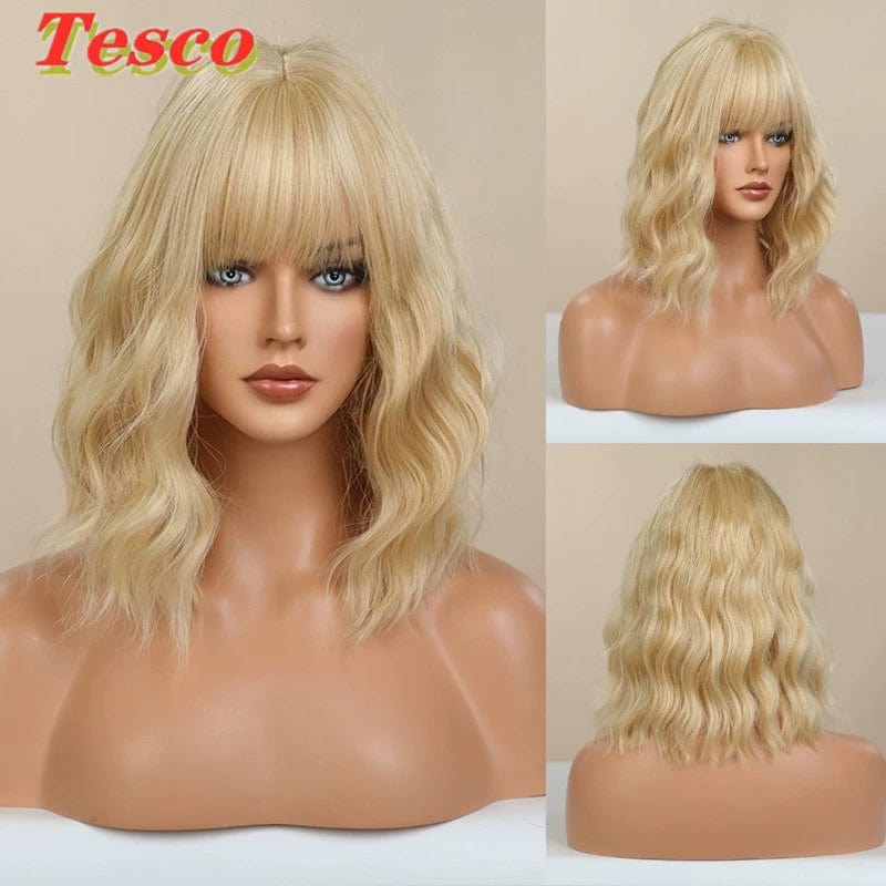  Showlu Fashion Store 50023284 Gold Short Hair Wig Fashion Wind Wave Curly Hair Short Hair Straight Bangs Nature Corn Curler Wig Full-Head Wig Female