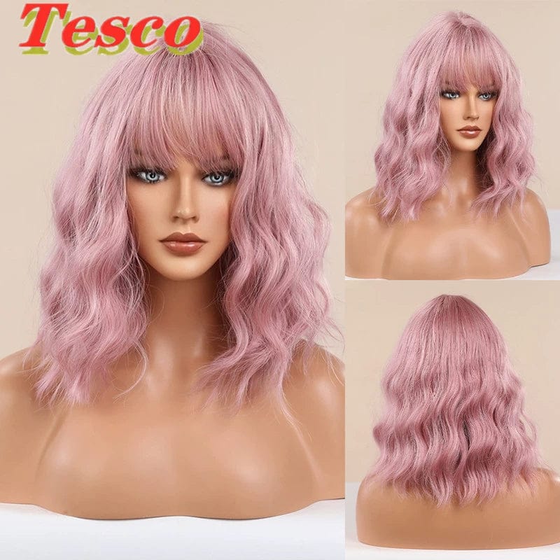 Showlu Fashion Store 50023284 Pink Short Hair Wig Fashion Wind Wave Curly Hair Short Hair Straight Bangs Nature Corn Curler Wig Full-Head Wig Female