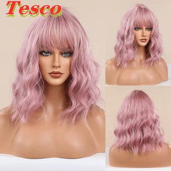 Showlu Fashion Store 50023284 Pink Short Hair Wig Fashion Wind Wave Curly Hair Short Hair Straight Bangs Nature Corn Curler Wig Full-Head Wig Female