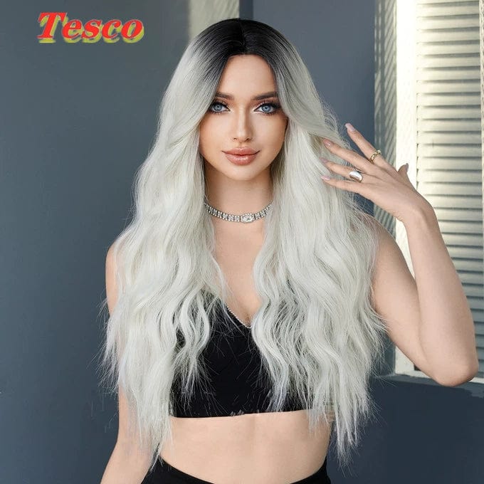  Showlu Fashion Store 50023284 Silver (Brown Tinted Head)_68cm 26.77inch Tesco Fashion Brown Golden Wig Female Full-Head Wig Eight-Character Mid Length Long Length Gradient Color Nature Curly Hair Wig