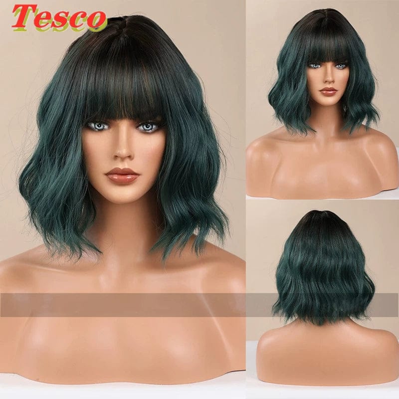  Showlu Fashion Store 50023284 ss161 gradient dark green Short Hair Wig Fashion Wind Wave Curly Hair Short Hair Straight Bangs Nature Corn Curler Wig Full-Head Wig Female