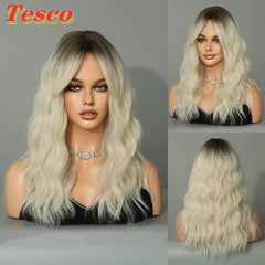  Showlu Fashion Store 50023284 Tesco Fashion Brown Golden Wig Female Full-Head Wig Eight-Character Mid Length Long Length Gradient Color Nature Curly Hair Wig