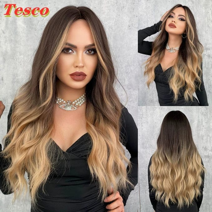  Showlu Fashion Store 50023284 Tesco Fashion Brown Golden Wig Female Full-Head Wig Eight-Character Mid Length Long Length Gradient Color Nature Curly Hair Wig