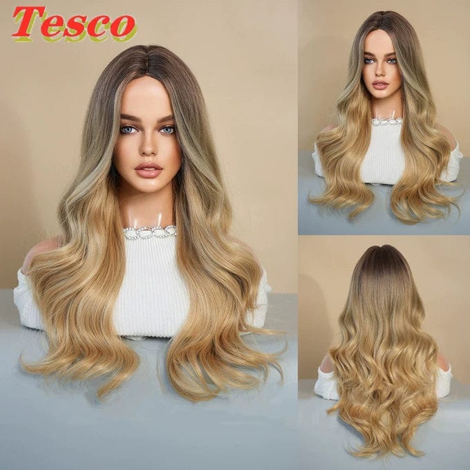  Showlu Fashion Store 50023284 Tesco Fashion Brown Golden Wig Female Full-Head Wig Eight-Character Mid Length Long Length Gradient Color Nature Curly Hair Wig