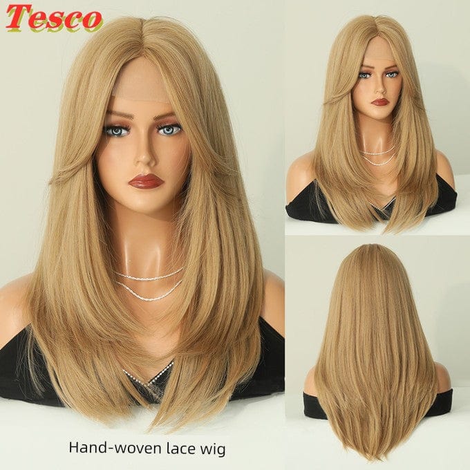  Showlu Fashion Store 50023284 Tesco Fashion Brown Golden Wig Female Full-Head Wig Eight-Character Mid Length Long Length Gradient Color Nature Curly Hair Wig