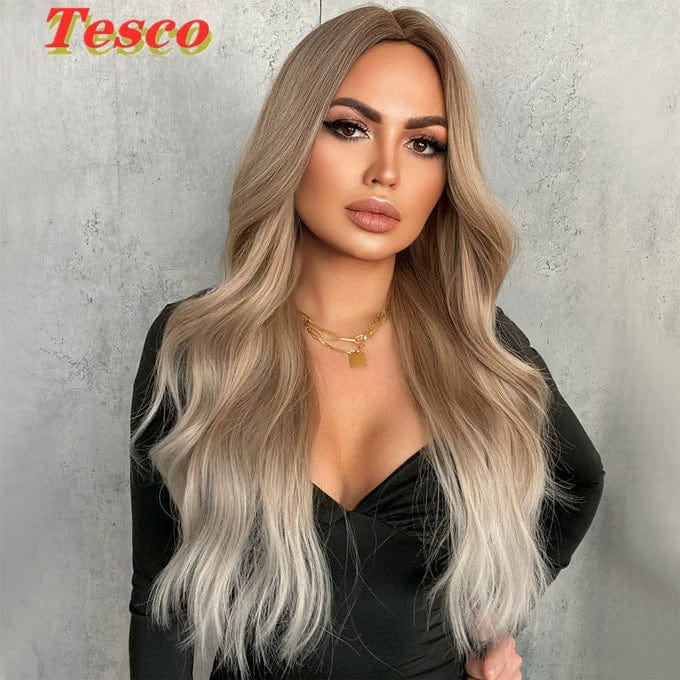  Showlu Fashion Store 50023284 Tesco Fashion Brown Golden Wig Female Full-Head Wig Eight-Character Mid Length Long Length Gradient Color Nature Curly Hair Wig