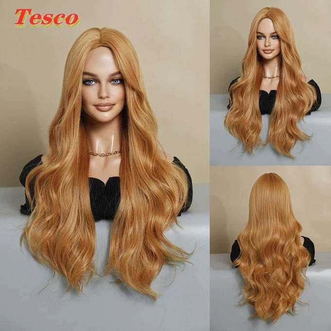  Showlu Fashion Store 50023284 Tesco Fashion Brown Golden Wig Female Full-Head Wig Eight-Character Mid Length Long Length Gradient Color Nature Curly Hair Wig