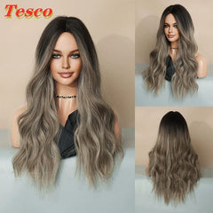  Showlu Fashion Store 50023284 Tesco Fashion Brown Golden Wig Female Full-Head Wig Eight-Character Mid Length Long Length Gradient Color Nature Curly Hair Wig