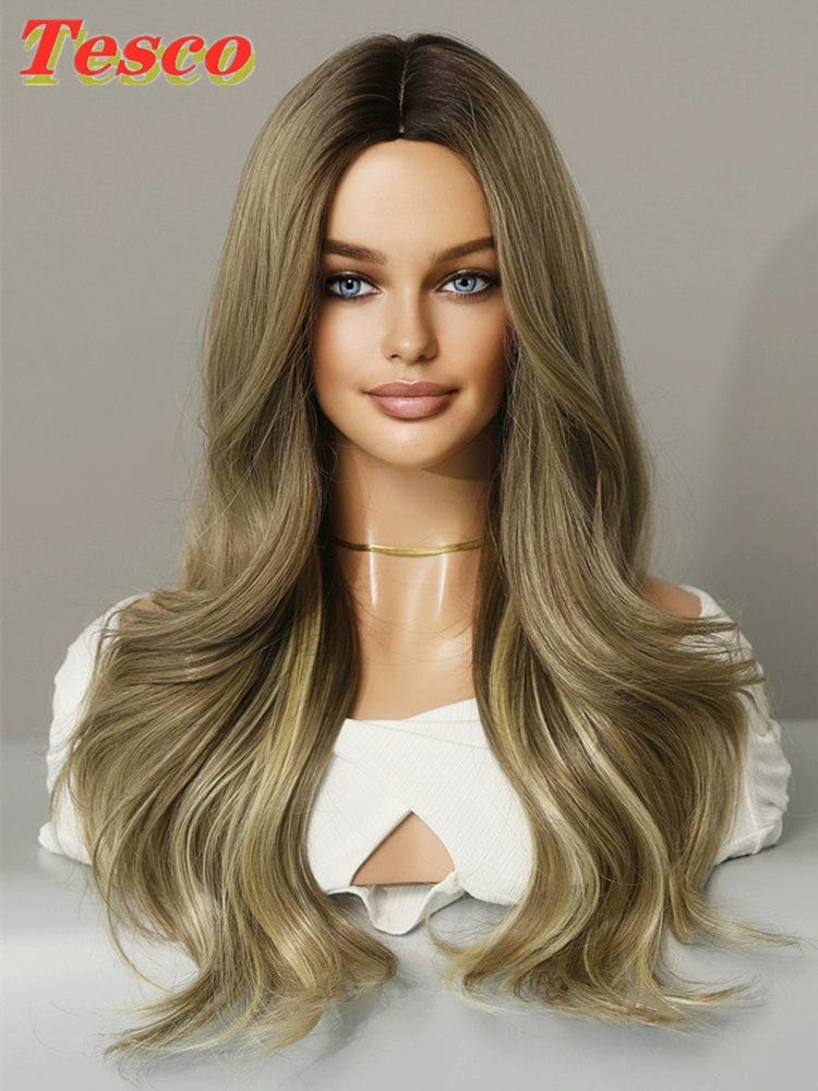  Showlu Fashion Store 50023284 Tesco Fashion Brown Golden Wig Female Full-Head Wig Eight-Character Mid Length Long Length Gradient Color Nature Curly Hair Wig