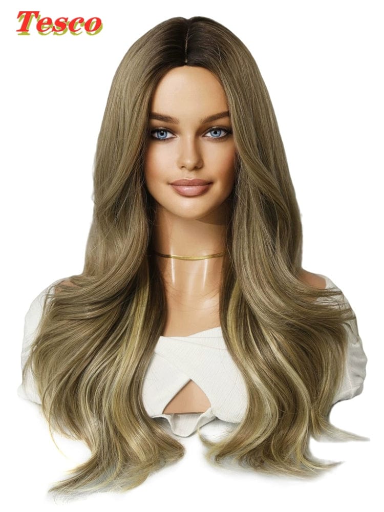  Showlu Fashion Store 50023284 Tesco Fashion Brown Golden Wig Female Full-Head Wig Eight-Character Mid Length Long Length Gradient Color Nature Curly Hair Wig