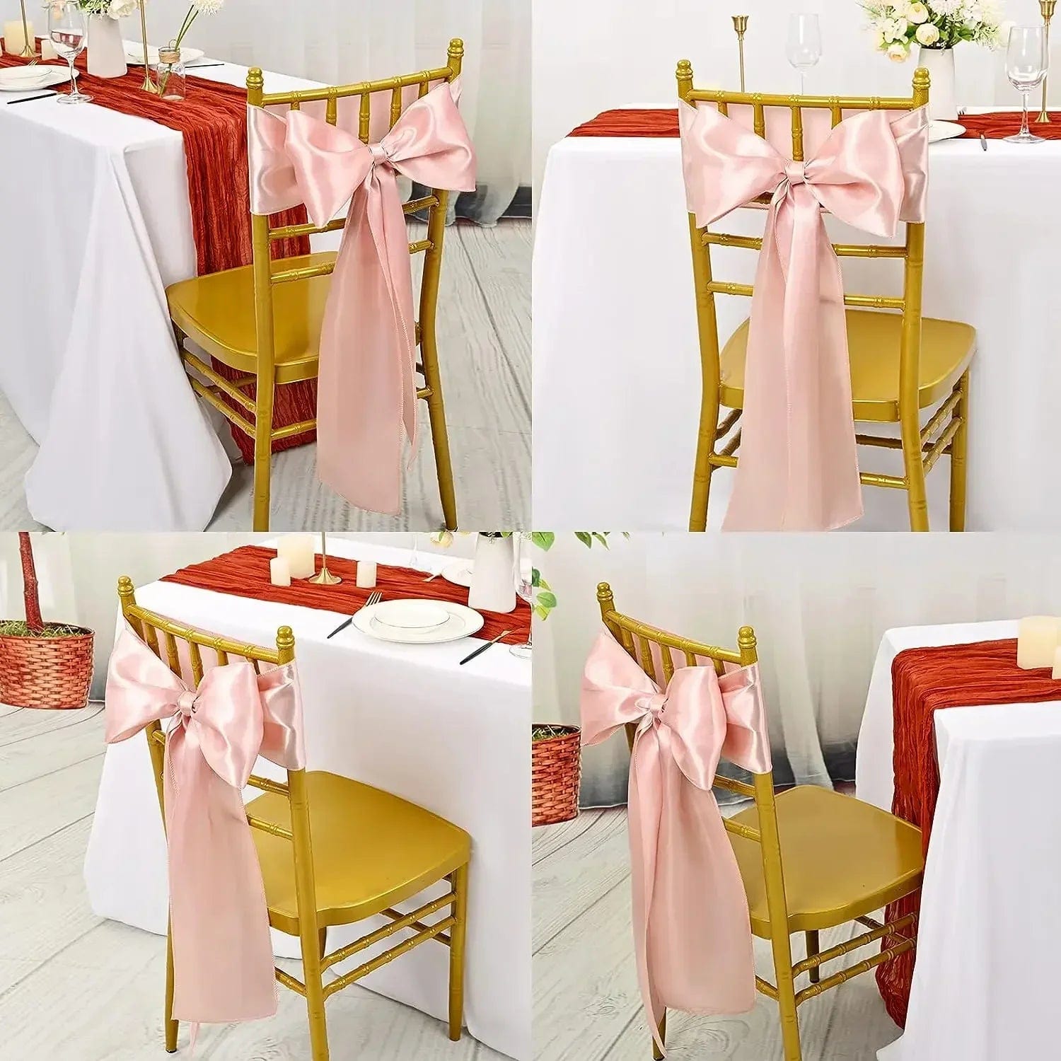 Showlu Fashion Store 50PCS 17x275cm Rose Gold Satin Chair Sashes Bows Chair Cover Ribbons for Wedding Banquet Party Baby Shower Event Decorations