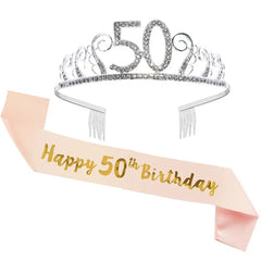  Showlu Fashion Store 50th Gold Silver Glitter Birthday Sash Rhinestone Tiara 18th Crystal Crown Birthday Queen Satin Ribbon Sash For Birthday Party Decor