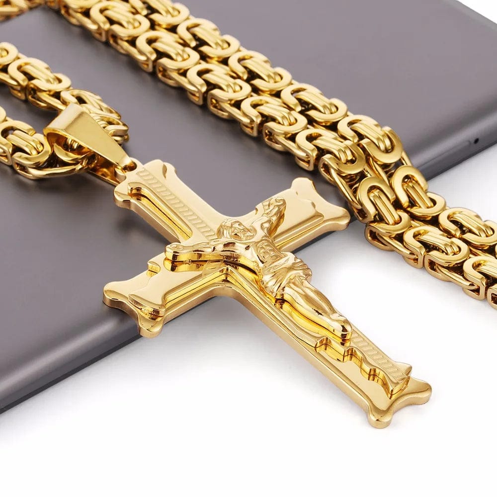  Showlu Fashion Store 55cm about 22inch Gold Color Stainless Steel Jesus Cross Pendant Necklace 6mm Link Byzantine Chain Necklace Long Heavy Men Jewelry collares MN68