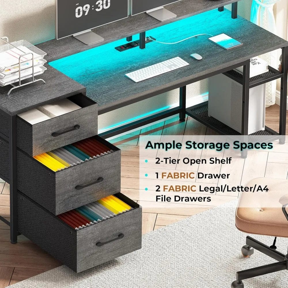 SHOWLU FASHION STORE 59" Office Desk with Drawers, Reversible Computer Desk with File Drawers & Storage, Gaming Desk with LED Lights