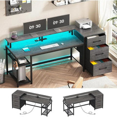 SHOWLU FASHION STORE 59" Office Desk with Drawers, Reversible Computer Desk with File Drawers & Storage, Gaming Desk with LED Lights