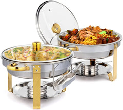 Showlu Fashion Store 5QT 2-12 Packs Chafing Dish Buffet Set Gold Accent Round NSF Stainless Steel Warmer Glass Lid Holder Catering Event Partie