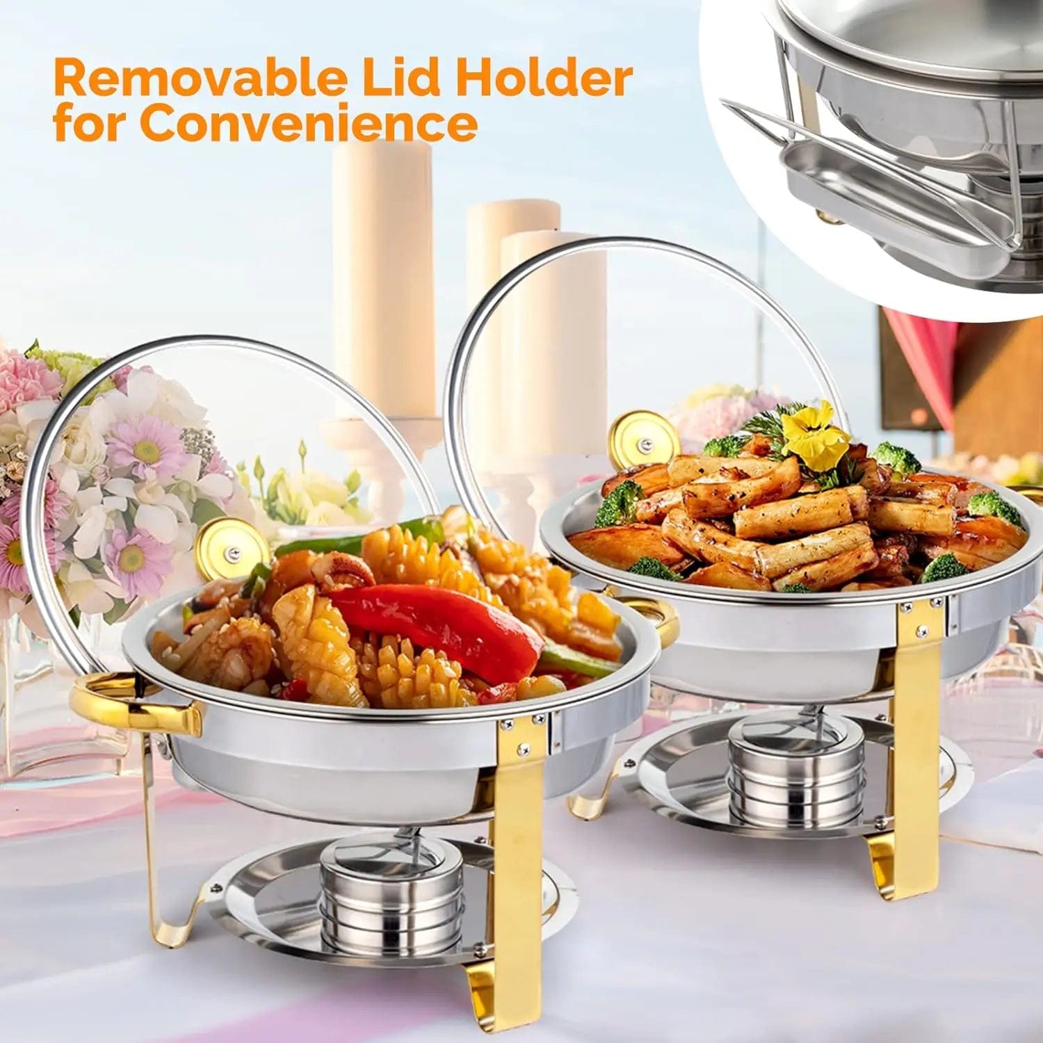 Showlu Fashion Store 5QT 2-12 Packs Chafing Dish Buffet Set Gold Accent Round NSF Stainless Steel Warmer Glass Lid Holder Catering Event Partie