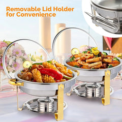 Showlu Fashion Store 5QT 2-12 Packs Chafing Dish Buffet Set Gold Accent Round NSF Stainless Steel Warmer Glass Lid Holder Catering Event Partie