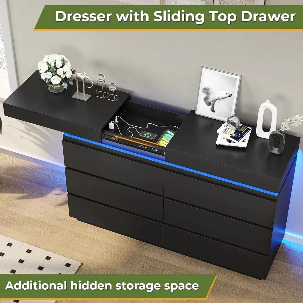 SHOWLU FASHION STORE 6-drawer vanity, sliding tabletop, wide chest of drawers with charging station and LED lights, large cabinet for clothes storage