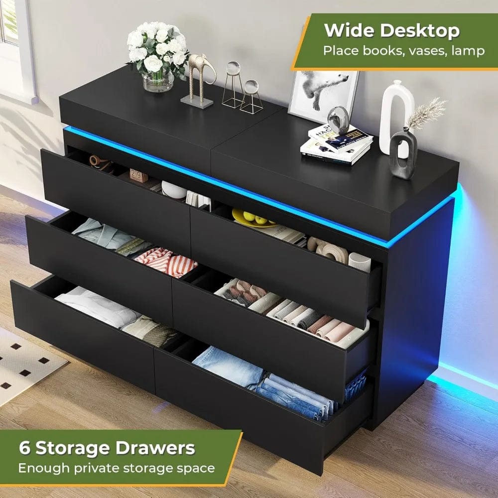 SHOWLU FASHION STORE 6-drawer vanity, sliding tabletop, wide chest of drawers with charging station and LED lights, large cabinet for clothes storage