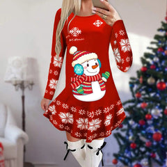  Showlu Fashion Store 6 / M Christmas Dresses for Women Elk Print Long Sleeve Mini Dress Autumn Winter Fashion Ladies Holiday Mini Dresses New Year 2024