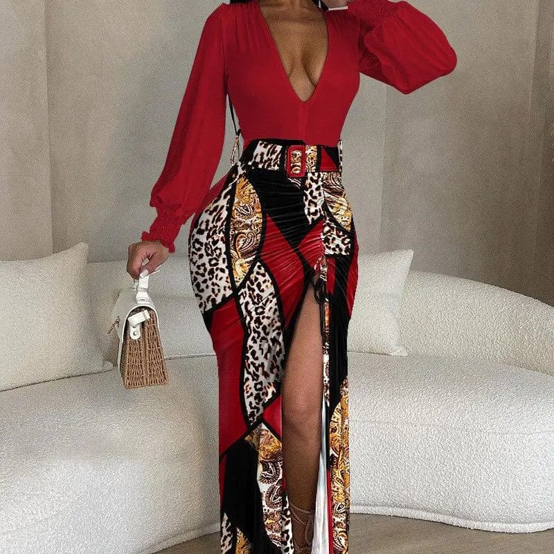 SHOWLU FASHION STORE 6 / XXL 20234 Autumn/Winter New Print Sexy V-Neck Belt Women's Dress Lantern Sleeves Waist Wrapped Split Hip Wrap Slim Fit Dress