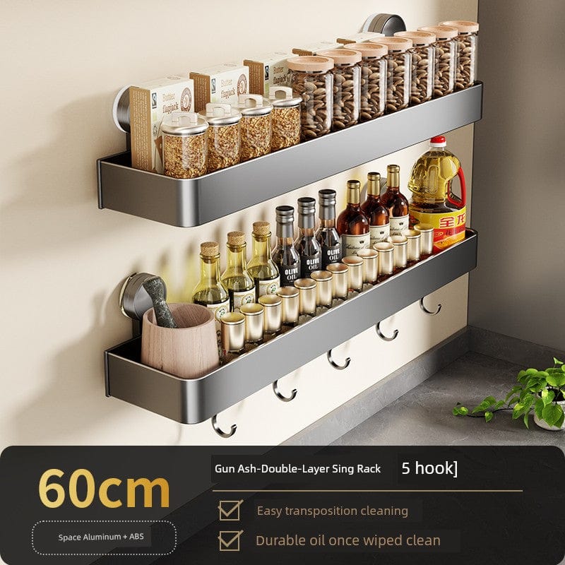 SHOWLU FASHION STORE 枪灰-双层60cm+带钩调料架【吸盘式】 Suction Cup Punch-Free Wall Condiment Hook Rack