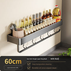 SHOWLU FASHION STORE 枪灰-60cm带钩带杆调料架【吸盘式】 Suction Cup Punch-Free Wall Condiment Hook Rack