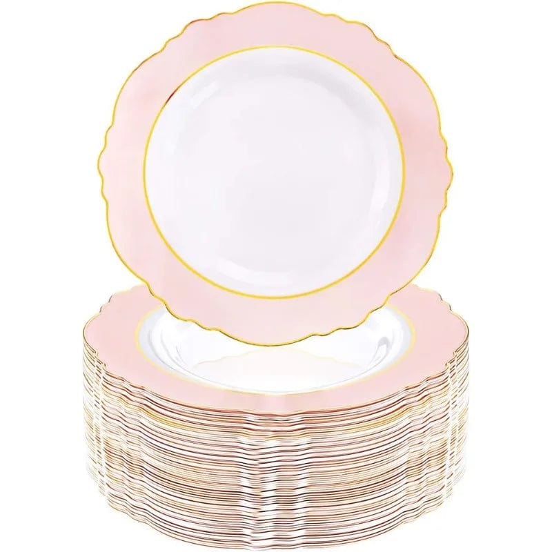 Showlu Fashion Store 60pcs Pink Plastic Plates - 10.25inch Baroque Pink &Gold Disposable Dinner Plates for Upscale Parties &Wedding-Special