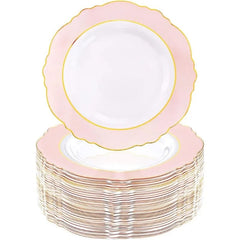 Showlu Fashion Store 60pcs Pink Plastic Plates - 10.25inch Baroque Pink &Gold Disposable Dinner Plates for Upscale Parties &Wedding-Special