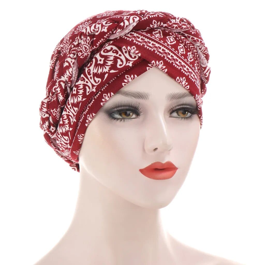 Showlu Two-Color Cotton Braid Turban Bonnet with pearls, inner hijab cap for Muslim women, stylish and comfortable head covering