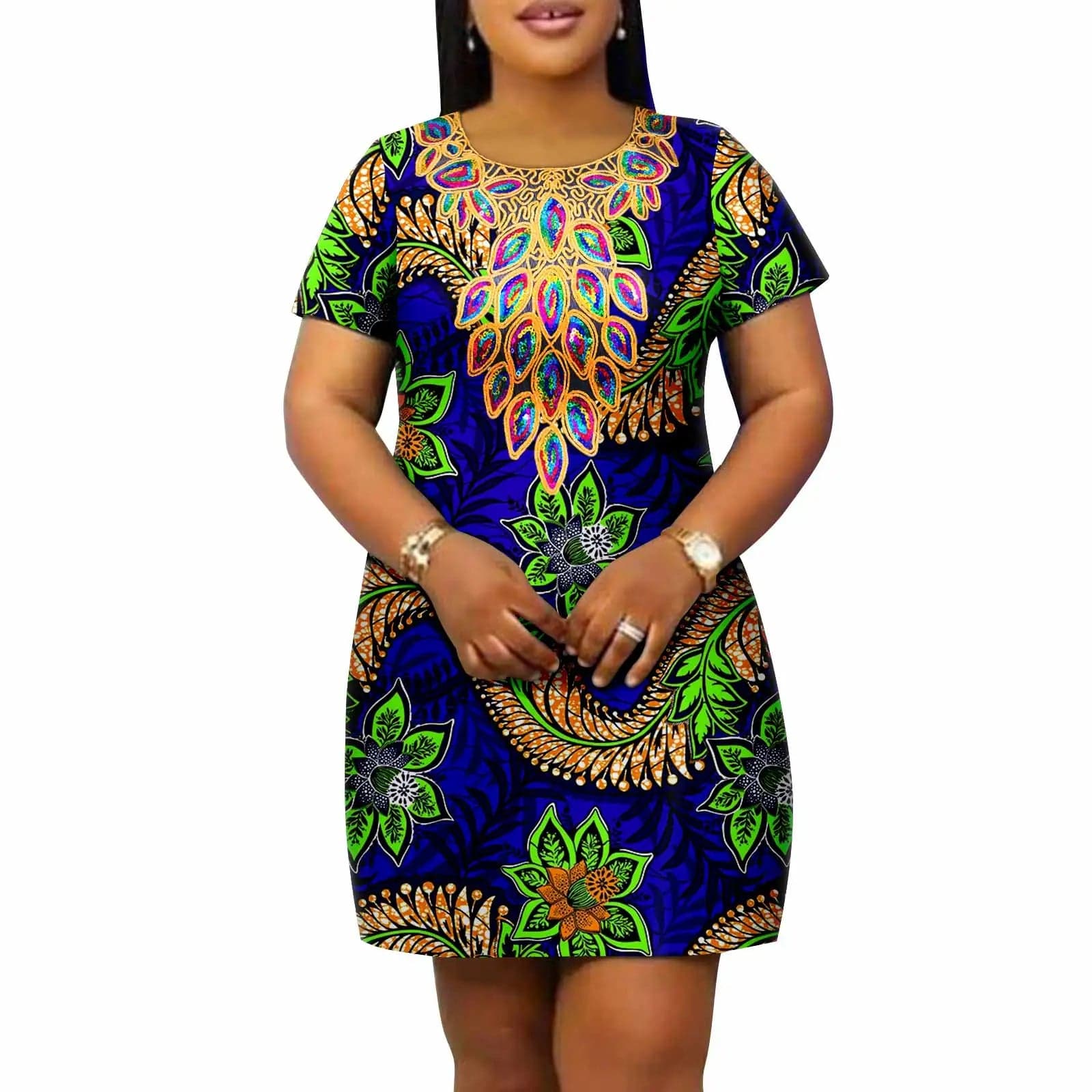 SHOWLU FASHION STORE 620 / 6XL African Women's Plus Size Dress Casual Style Ankara Printed Fabric Loose Round Neck Casual Dress A2225145