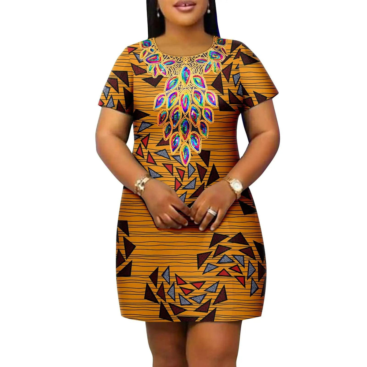 SHOWLU FASHION STORE 649 / L African Women's Plus Size Dress Casual Style Ankara Printed Fabric Loose Round Neck Casual Dress A2225145