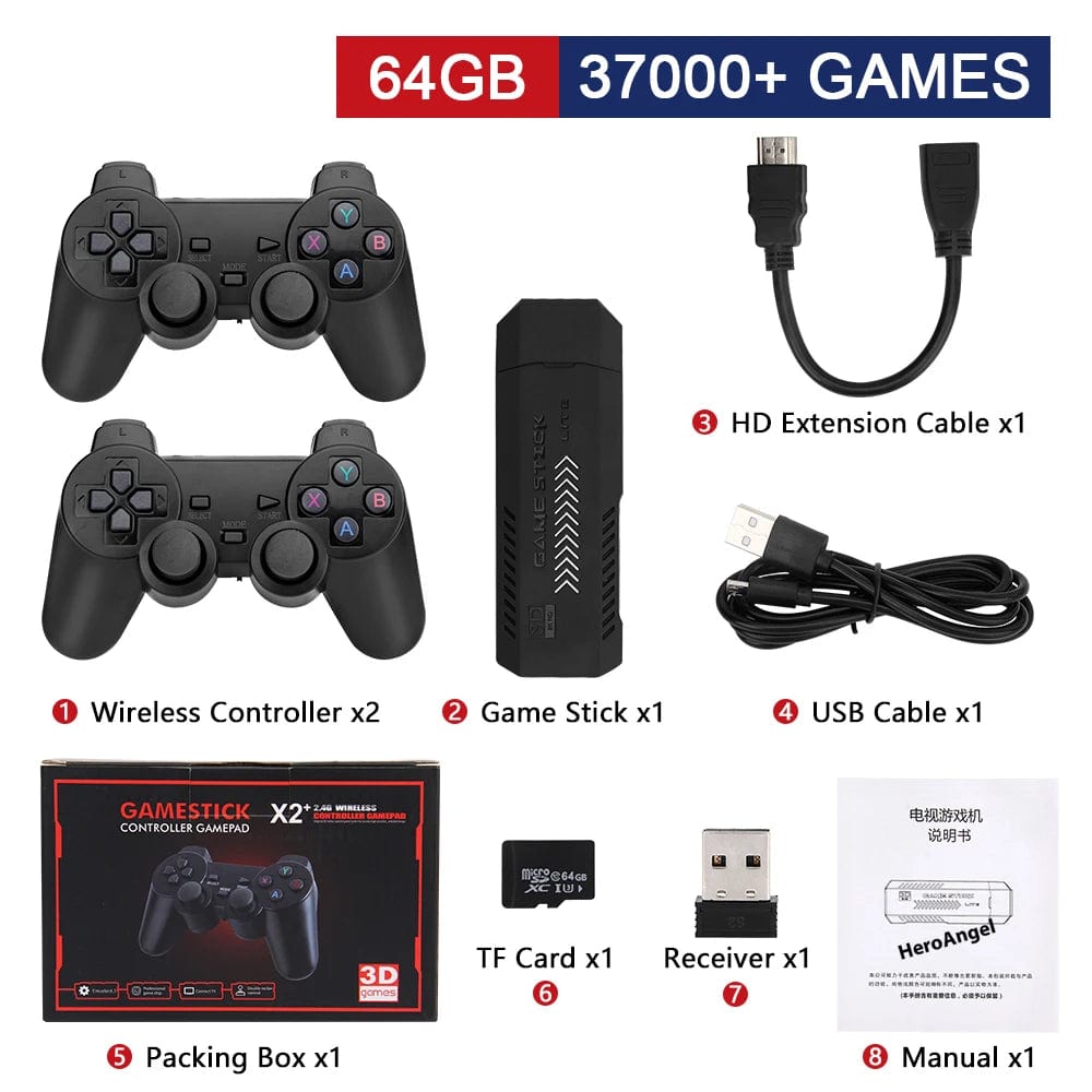  Showlu Fashion Store 64G 37000 Game X2 Plus Gamestick 3D Retro Video Game Console 2.4G Wireless Controllers HD 4.3 System 40000 Games 40 Emulators for SEGA/PSP/PS1