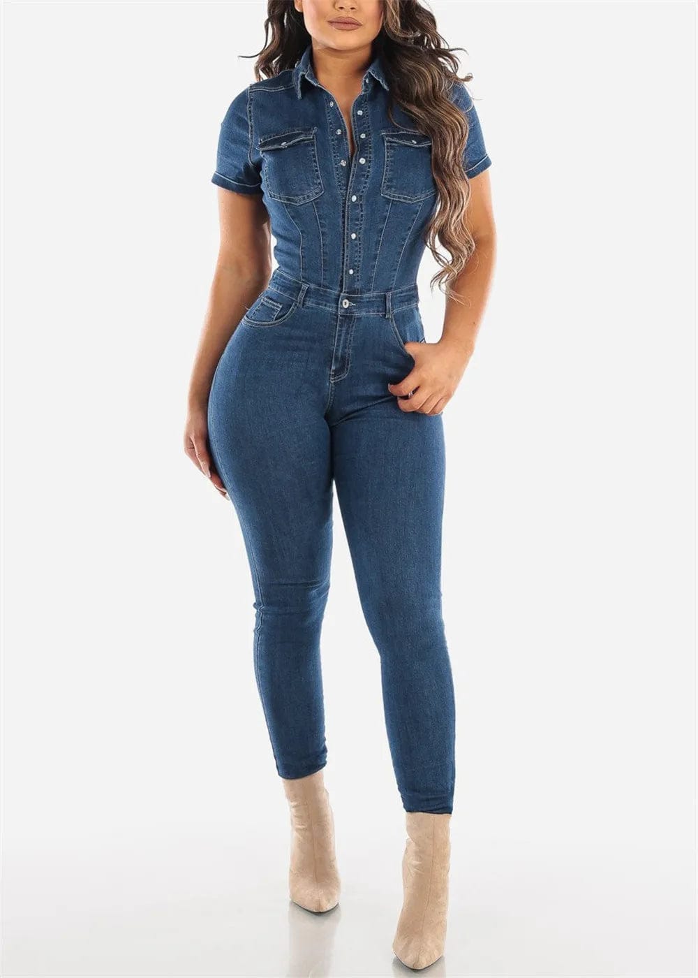  Showlu Fashion Store 6861 / S Jeans Stretch Jumpsuit Sexy Women Turn Down Collar Skinny Blue Denim Casual Overalls Rompers