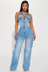  Showlu Fashion Store 6981-1 / L Multi Pockets Jeans Cargo Romper Sexy Women Turn Down Collar Elegant Denim Straight Overalls Jumpsuit