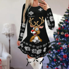  Showlu Fashion Store 7 / M Christmas Dresses for Women Elk Print Long Sleeve Mini Dress Autumn Winter Fashion Ladies Holiday Mini Dresses New Year 2024