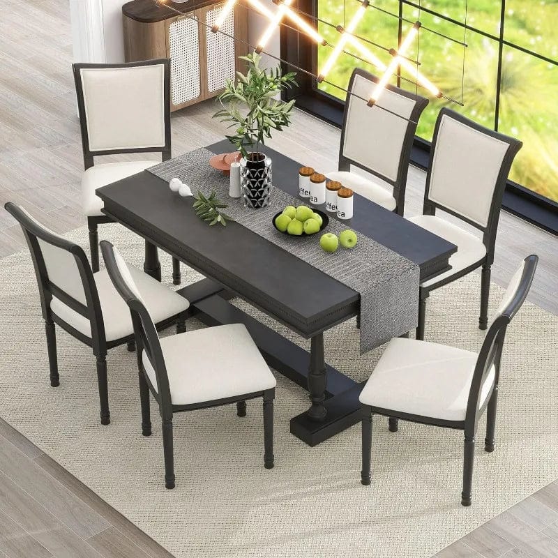 SHOWLU FASHION STORE 7-Piece Kitchen Dining Table Set for 6, Wood Kitchen Table and 6 Upholstered Chairs with Backrest