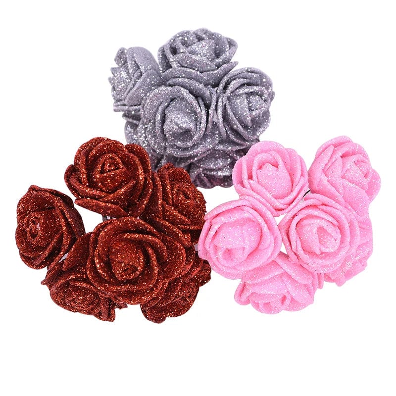 Showlu Fashion Store 72pcs/lot 3.5cm Gold Silver Glitter Foam Rose Artificial Flowers for Wedding Decoration Gift Box Decorative Wreath Bouquet