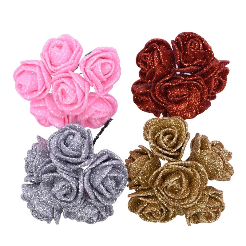 Showlu Fashion Store 72pcs/lot 3.5cm Gold Silver Glitter Foam Rose Artificial Flowers for Wedding Decoration Gift Box Decorative Wreath Bouquet